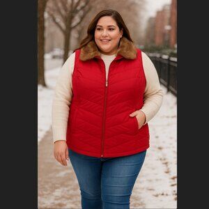 Talbots Down Puffer Vest 3X Red Removable Faux Fur Collar Quilted Zip Pockets